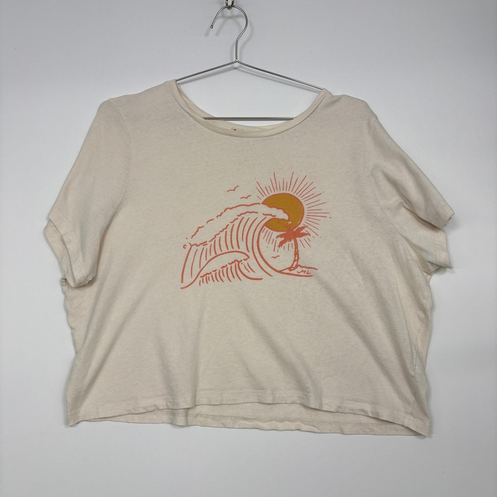 Marine Layer Womens Graphic Tee XL Cream Wave Sun Crop Cotton Made in USA18407